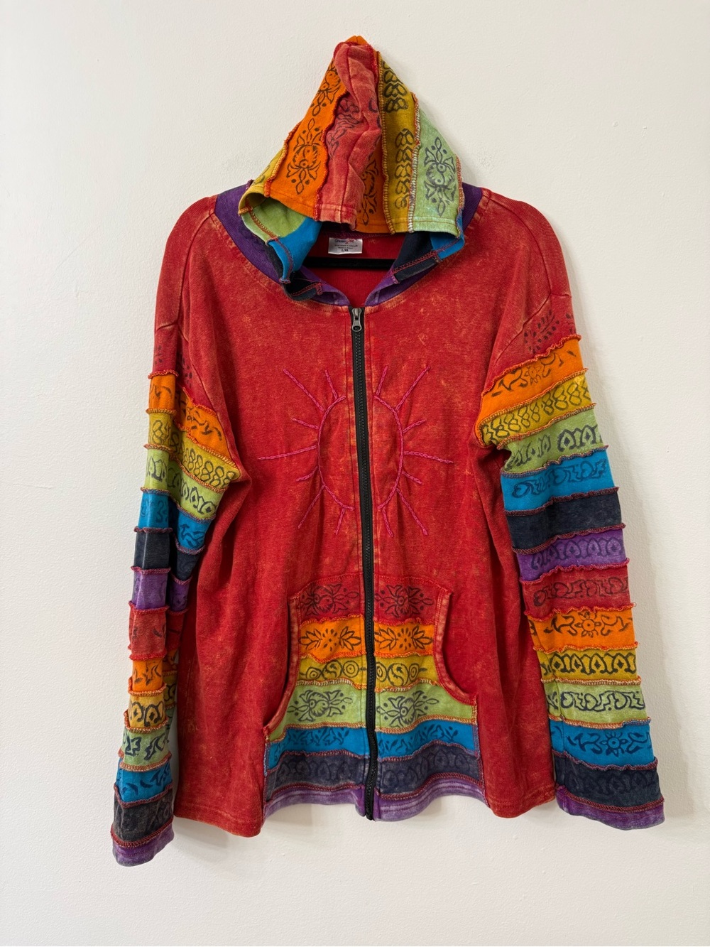 {L/XL} Greater Good Patchwork Rainbow Zip Jacket